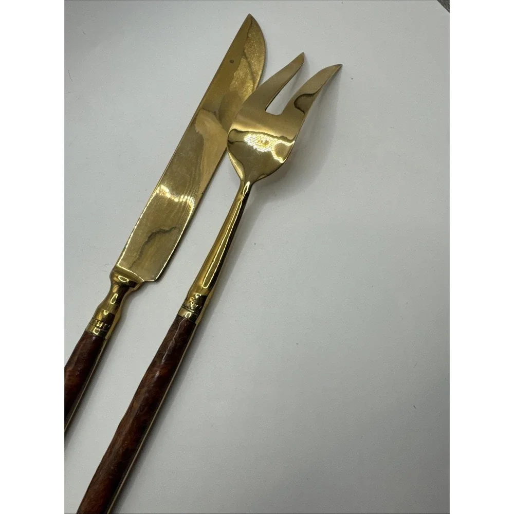 Vintage Burl wood handled carving‎ set. Gold tone.